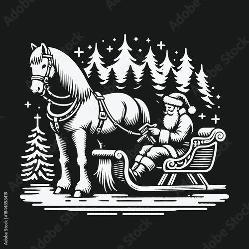 Santa Claus rides a horse drawn sleigh through a winter forest at night.