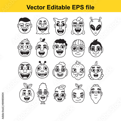  collection of 15 cartoon faces with various emotions and expressions in editable vector format for design