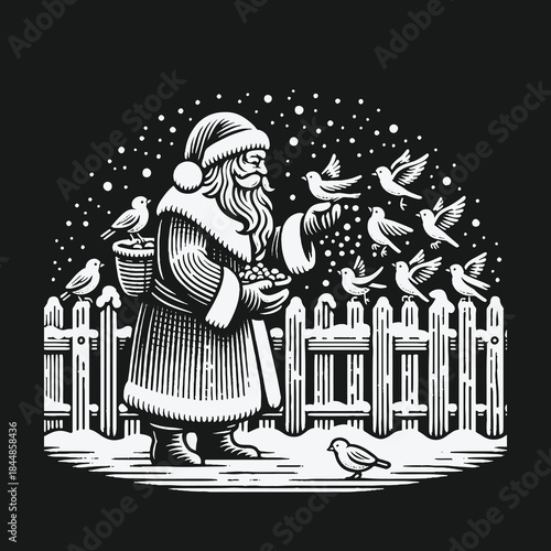 Vintage Woodcut Style Santa Claus Feeding Birds in Winter Snow.