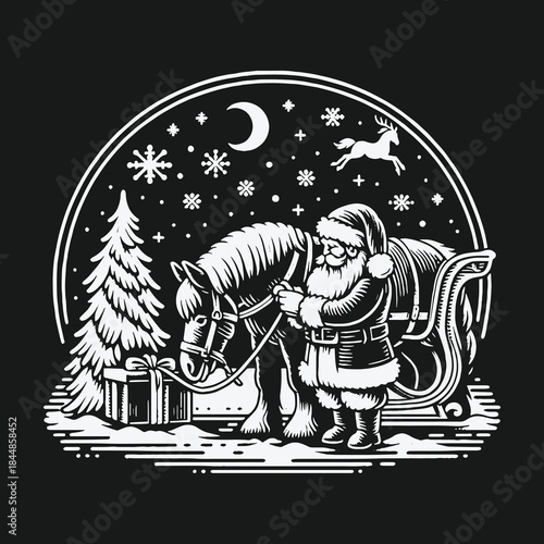 Vintage Santa Claus with Horse and Sleigh on Christmas Eve.