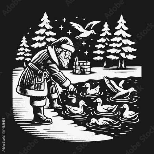 Vintage illustration of Santa Claus feeding ducks in a snowy winter forest at night.