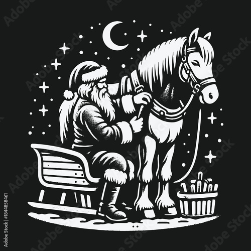 Vintage black and white illustration of Santa Claus harnessing a horse to his sleigh under a starry night sky.