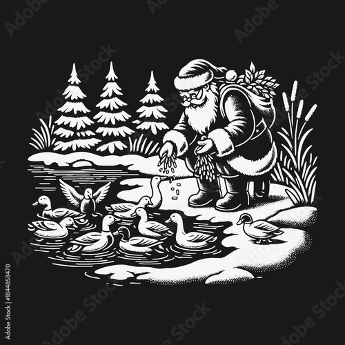 Black and white vintage illustration of Santa Claus feeding ducks in a snowy winter scene.