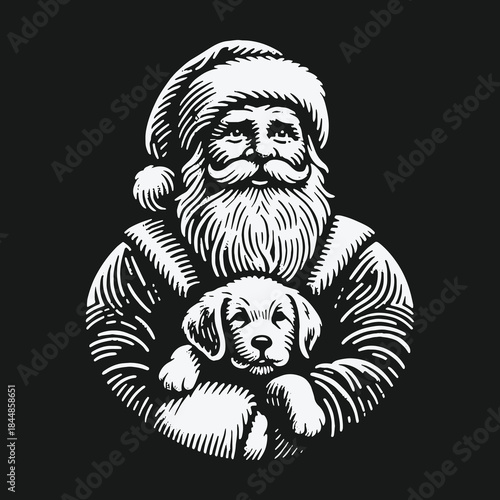 Vintage Santa Claus Holding a Cute Puppy Illustration.
