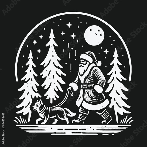 Santa Claus walking a husky dog in a snowy winter forest at night.