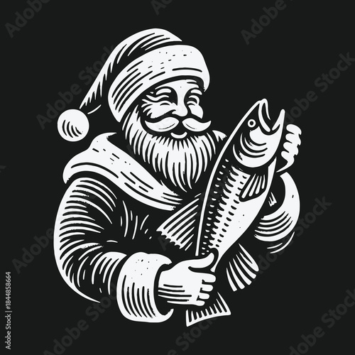 Vintage woodcut style illustration of Santa Claus holding a fish.