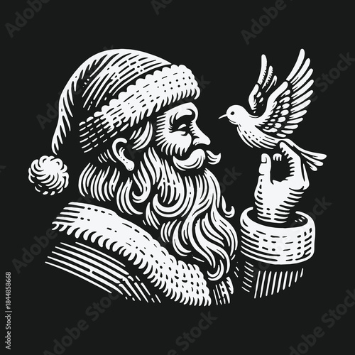 Vintage woodcut style illustration of Santa Claus holding a small bird on his hand.