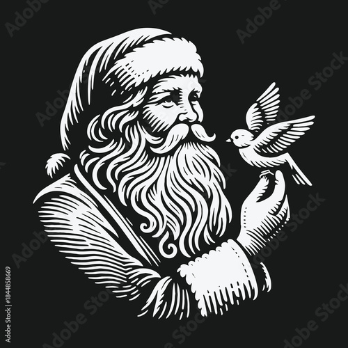 Vintage black and white illustration of Santa Claus holding a small bird.