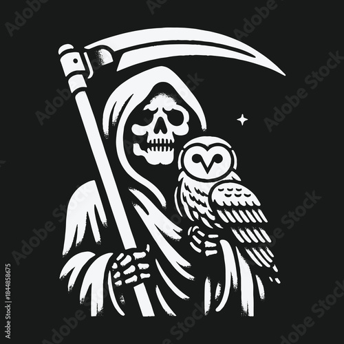 Monochrome Graphic of the Grim Reaper with an Owl Companion.