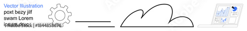 Cloud computing, data analysis, tech innovation, system integration, automation, business management. A gear linked to a cloud and a laptop showing analytics. Cloud computing and data analysis