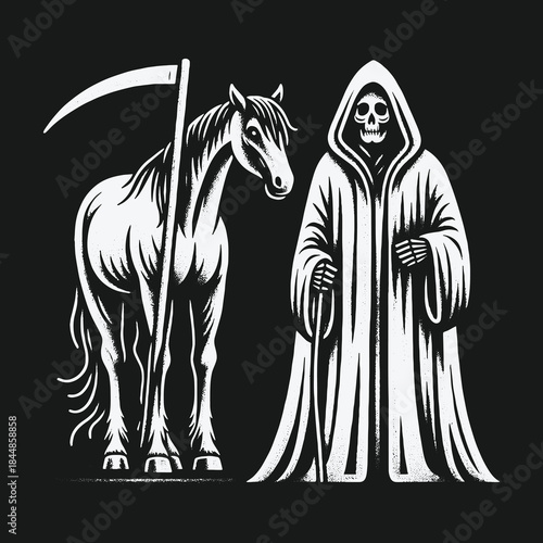Monochromatic illustration of the Grim Reaper with his horse and scythe.