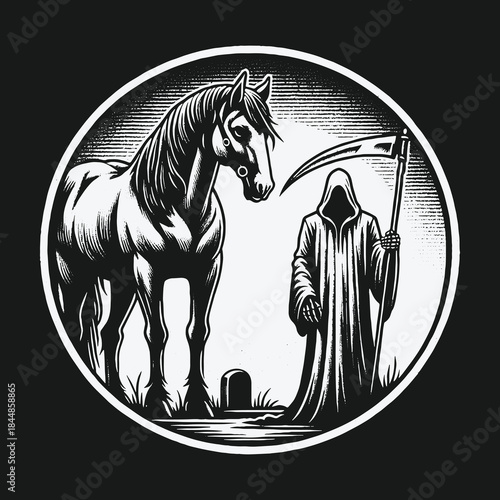 Grim Reaper with a scythe standing next to a horse in a graveyard illustration.