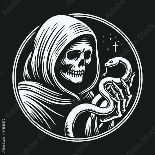 Monochrome illustration of a grim reaper holding a snake.