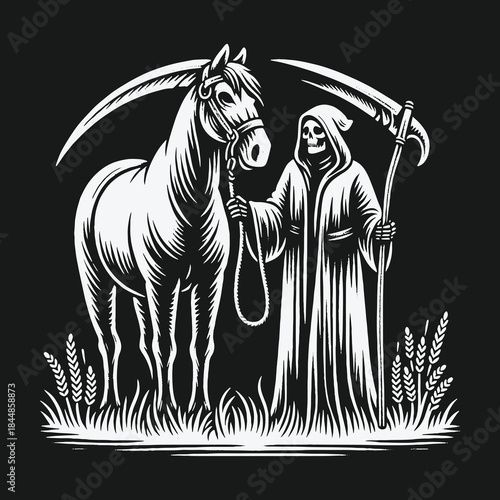 Grim Reaper with scythe standing next to his horse illustration.