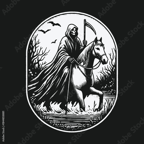 Monochrome illustration of the Grim Reaper riding a pale horse.