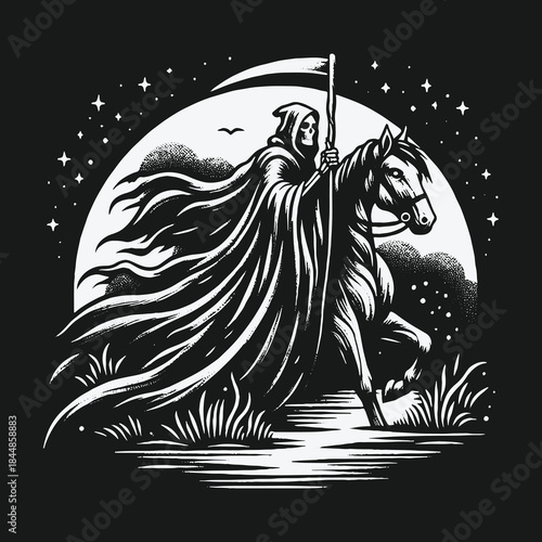 Grim Reaper riding a spectral horse under a full moon.