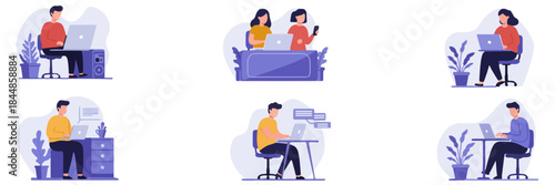 Collection of six flat illustrations showing people working remotely on laptops in different settings, symbolizing freelancers, telecommuting, home office, online education, and modern work environmen