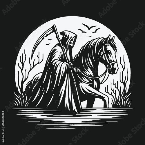 Grim Reaper with scythe and horse in a dark fantasy illustration.