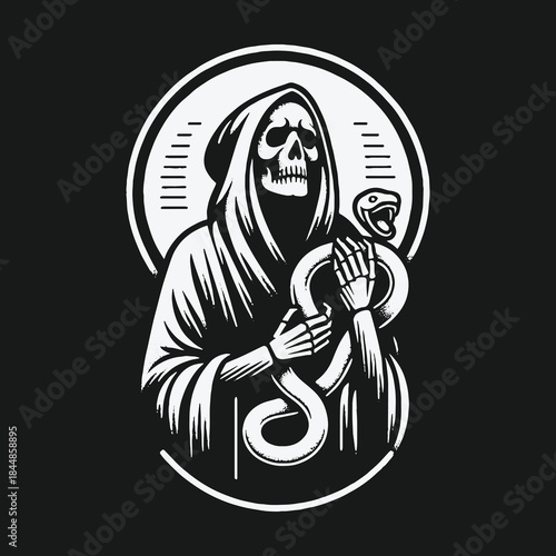 Monochrome vector illustration of a Grim Reaper holding a snake.