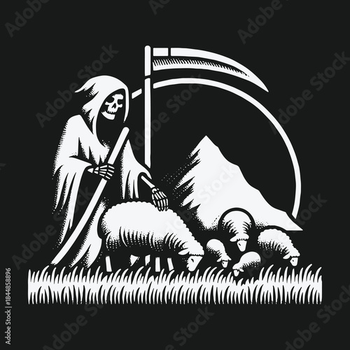 The Grim Reaper with a scythe gently petting a sheep in a field.