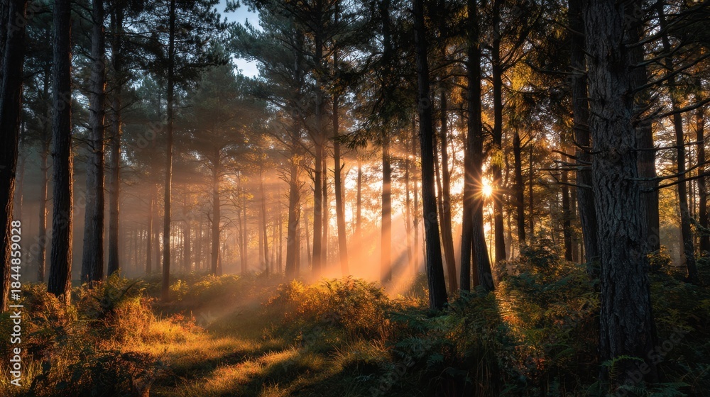 Fototapeta premium Sunlight breaks through a peaceful forest filled with towering pine trees. The soft glow creates a magical atmosphere as ferns line the ground. It is early morning adding to the tranquility.