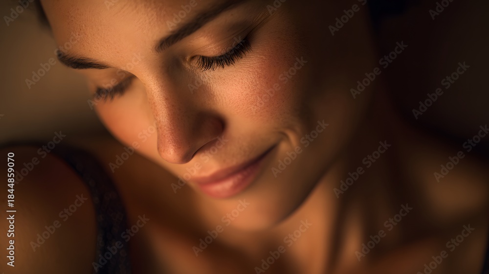 Fototapeta premium Close up of a beautiful womans face illuminated by warm light.