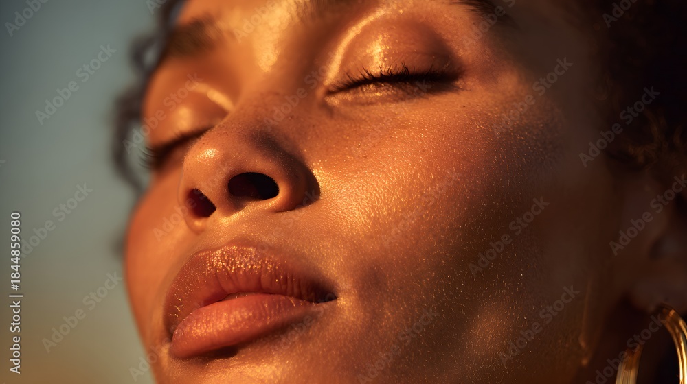 Fototapeta premium Close up of a Black Womans Face with Eyes Closed in Golden Hour Light.
