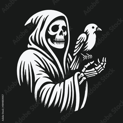 Skeletal Grim Reaper in a hooded cloak holding a little bird.