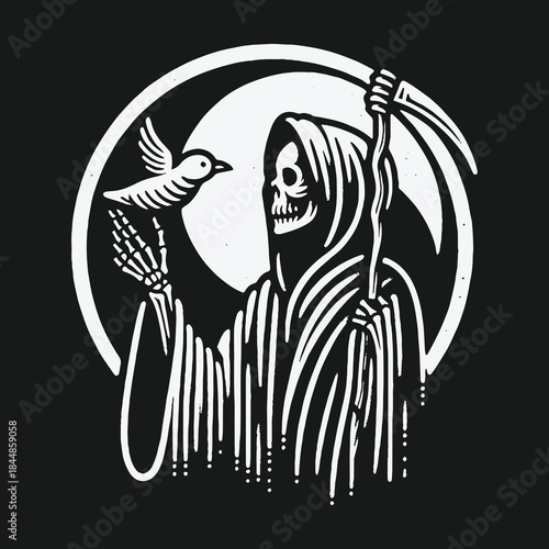 Vector graphic of Death as a skeleton holding a bird with a moon background.