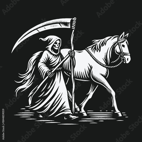 Monochrome illustration of the Grim Reaper walking with a horse.
