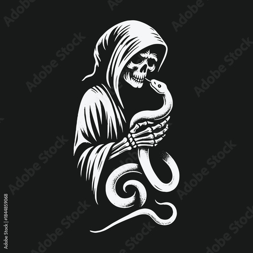 Grim Reaper skeleton in a hood holding a coiled snake illustration.