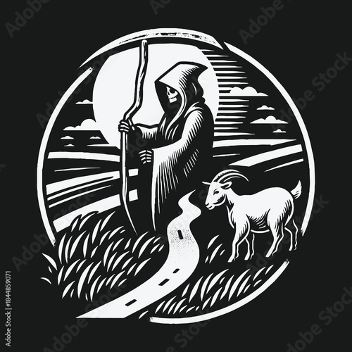 Gothic Grim Reaper with a goat in a dark rural landscape.