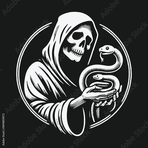 Monochrome vector illustration of the Grim Reaper holding a snake.
