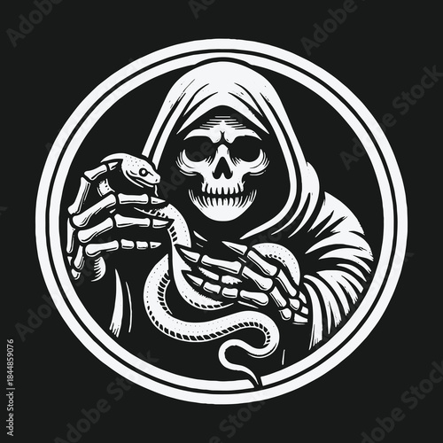 Grim Reaper skull holding a snake in a circular emblem.