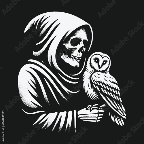 Monochrome illustration of the Grim Reaper holding a wise owl.