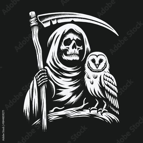 Grim Reaper with Scythe and Owl Companion Illustration.