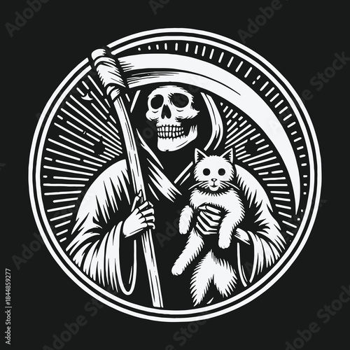 Monochrome illustration of the Grim Reaper holding a scythe and a cute cat.