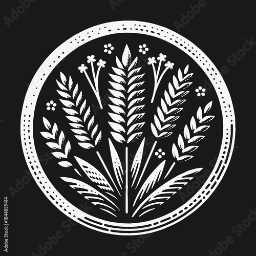 Vintage black and white wheat sheaf emblem illustration.
