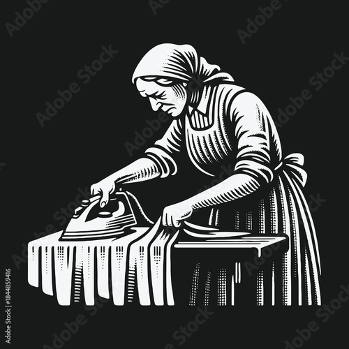 Elderly woman ironing clothes in a vintage woodcut style illustration.
