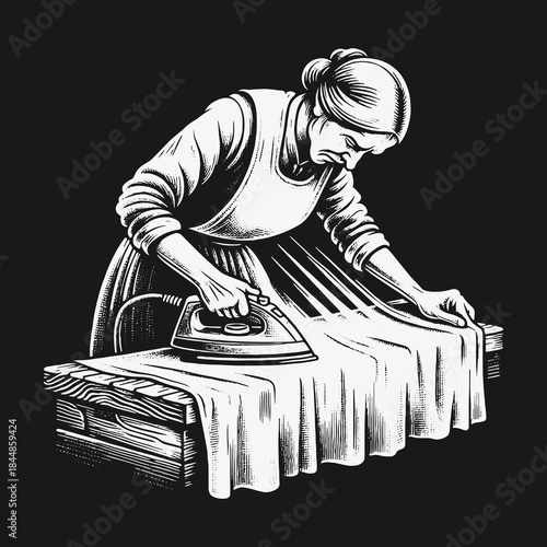 Vintage monochrome illustration of a woman ironing clothes on a wooden board.