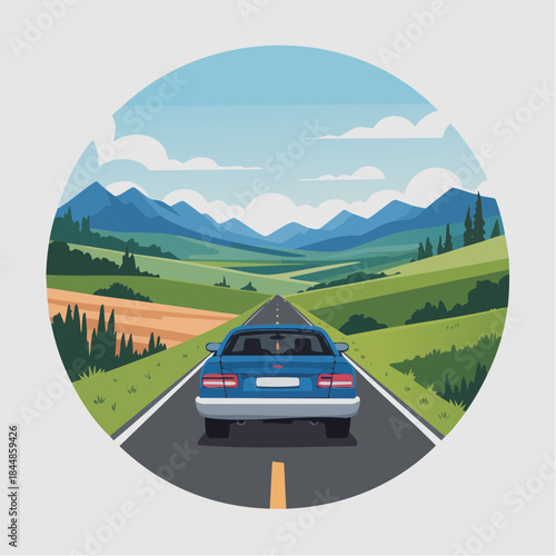 Road trip vector with car driving through countryside.