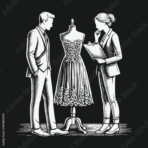 Vintage black and white illustration of fashion designers creating a dress.