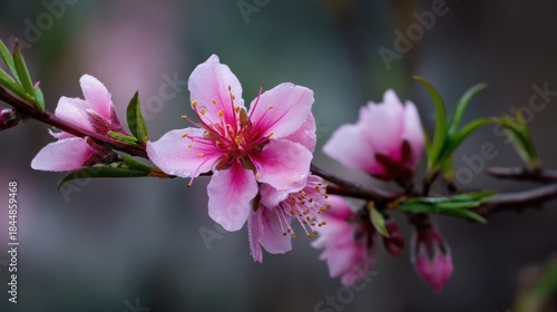 A branch adorned with soft pink cherry blossoms stands out against a blurred background. This scene captures the beauty of spring as flowers flourish inviting admiration from all.
