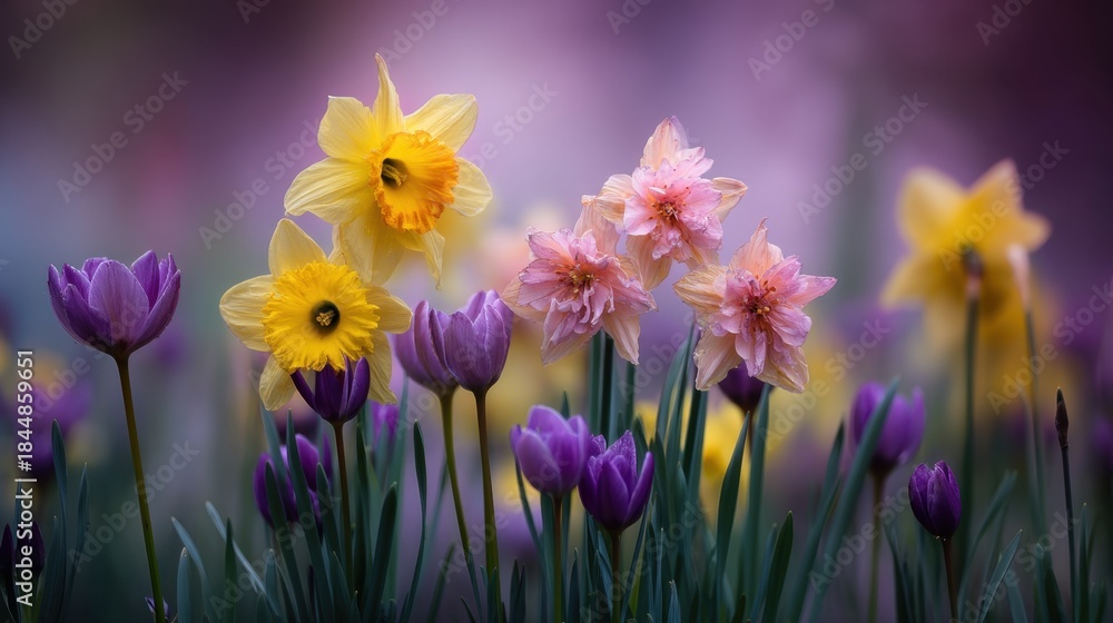 Obraz premium Bright daffodils and pink flowers stand out among purple tulips in a lively garden. Sunlight adds warmth to this colorful spring scene showcasing nature's beauty.