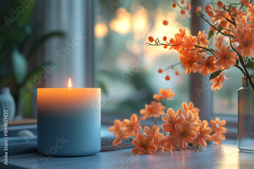 Wallpaper Mural burning candle and flowers on a table Torontodigital.ca