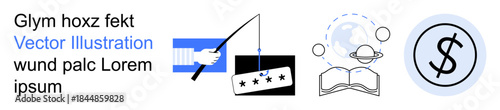 Fraud prevention, online education, global knowledge, e-learning, financial literacy, ratings system. Icon set of a hand fishing for credentials, book with planets and dollar symbol. Fraud