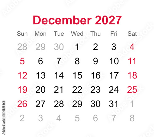 Monthly calendar of December 2027