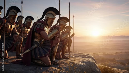 Ancient roman warriors kneel on a mountain overlooking a valley at sunset, demonstrating honor and vigilance for Memorial Day.