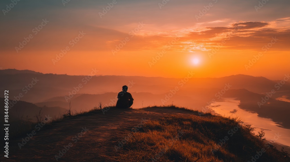 Fototapeta premium A person sits on a grassy hilltop watching the sun set over a serene river and valley. The warm colors of twilight fill the sky creating a tranquil atmosphere.