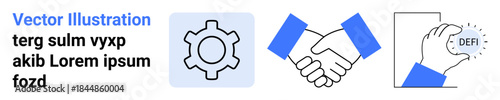 Gear represents process, handshake symbolizes partnership, hand holding DeFi coin reflects decentralized finance. Ideal for fintech, blockchain, teamwork, startup, collaboration, innovation simple